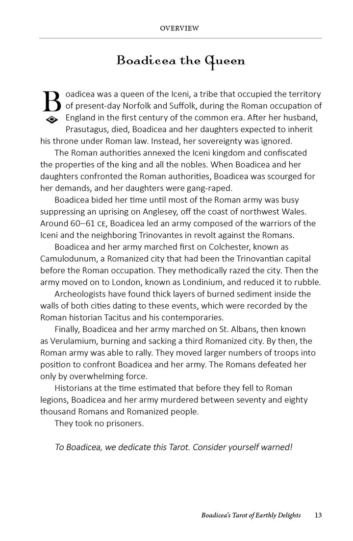 A page from Schiffer Publishing, Ltd.'s "Boadicea's Tarot of Earthly Delights" describes the Iceni queen Boadicea, her rebellion against Roman Britain, and her legacy, with a dedication to her at the bottom—echoing a heroine from the Tarot.
