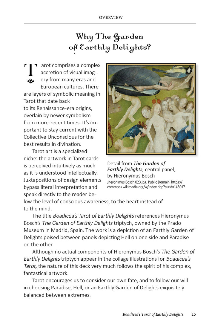 A page from Boadicea's Tarot of Earthly Delights by Schiffer Publishing, Ltd. examines fine art tarot symbolism linked to Bosch’s The Garden of Earthly Delights, highlighting nude figures in a fantastical landscape.
