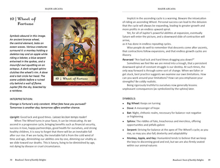 Boadicea's Tarot of Earthly Delights by Schiffer Publishing, Ltd. features a Wheel of Fortune card with animals and symbols, plus text detailing meanings and Rider-Waite-Smith insights in a two-page book layout.