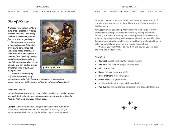 A book spread in Boadicea's Tarot of Earthly Delights (Schiffer Publishing, Ltd.) features the Six of Aether card—winged warrior in a sky boat—with detailed descriptions, interpretations, symbols, and keywords in Rider-Waite-Smith style.