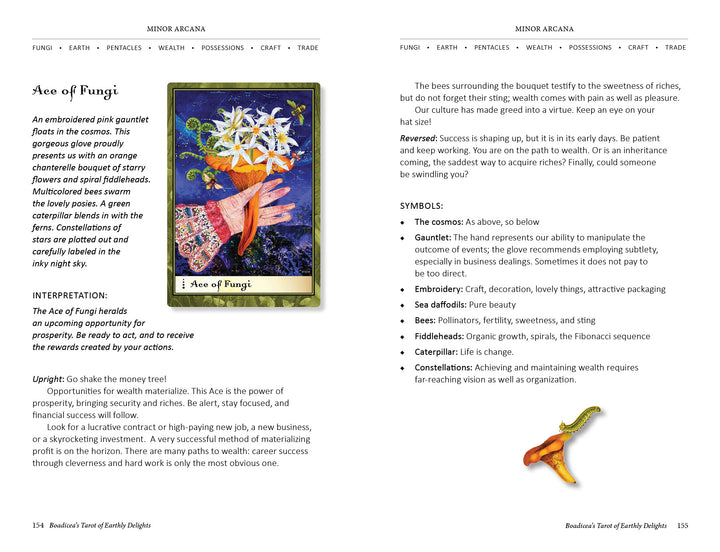 The Boadicea's Tarot of Earthly Delights deck by Schiffer Publishing, Ltd. features an Ace of Fungi card with a hand holding orange mushrooms under a blue sky and moon, alongside explanations of its meaning, symbolism, uses, and keywords.