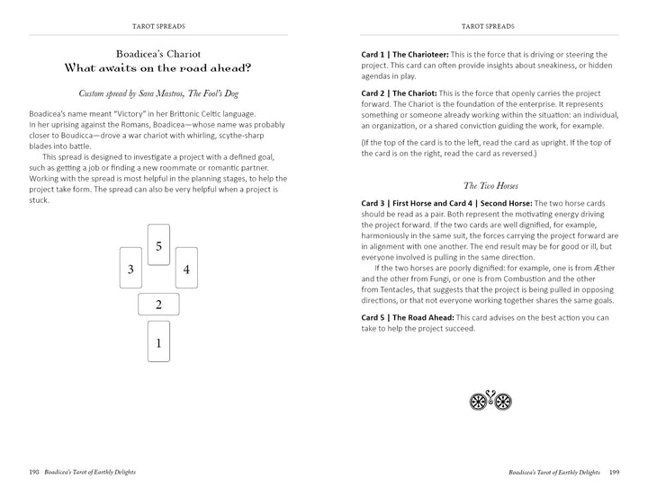An open book, Boadicea's Tarot of Earthly Delights by Schiffer Publishing, Ltd., displays the Boadicea’s Chariot tarot spread with card positions on the left and Rider-Waite-Smith meanings on the right page.