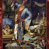 The Magician from Boadicea's Tarot of Earthly Delights by Schiffer Publishing, Ltd. depicts a confident figure in blue and gold robes among skulls, books, candles, keys, and mystical objects, with an infinity symbol overhead.