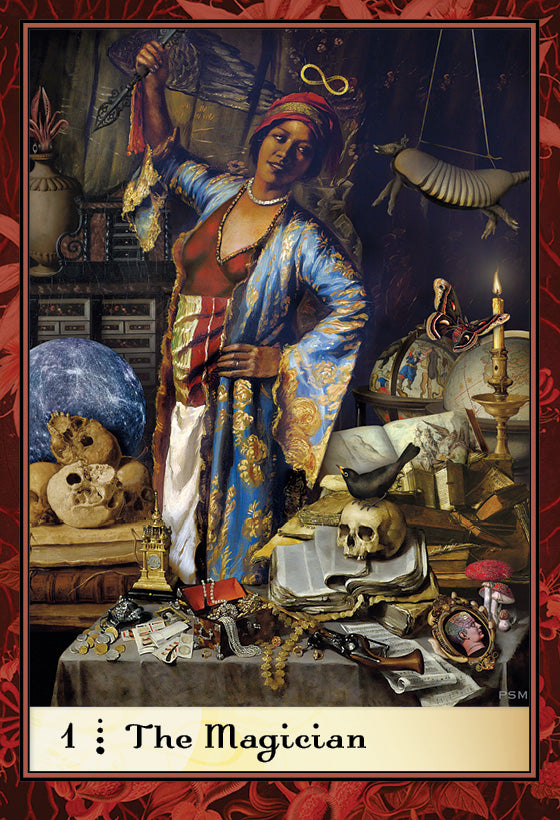 The Magician from Boadicea's Tarot of Earthly Delights by Schiffer Publishing, Ltd. depicts a confident figure in blue and gold robes among skulls, books, candles, keys, and mystical objects, with an infinity symbol overhead.
