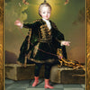 A child in ornate Renaissance attire holds a pink string tied to a salamander as moths encircle their glowing head. Boadicea’s Tarot of Earthly Delights by Schiffer Publishing, Ltd. evokes classic Rider-Waite-Smith tarot in gold framing.
