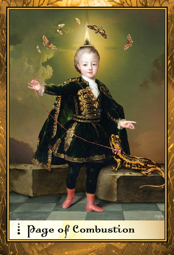 A child in ornate Renaissance attire holds a pink string tied to a salamander as moths encircle their glowing head. Boadicea’s Tarot of Earthly Delights by Schiffer Publishing, Ltd. evokes classic Rider-Waite-Smith tarot in gold framing.