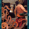 On Boadicea's Tarot of Earthly Delights by Schiffer Publishing, Ltd., a figure in vibrant attire wields a sword, surrounded by swirling orange octopus tentacles, with a moonlit bridge behind. The Eight of Tentacles card is inspired by fine art tarot and Rider-Waite-Smith style.