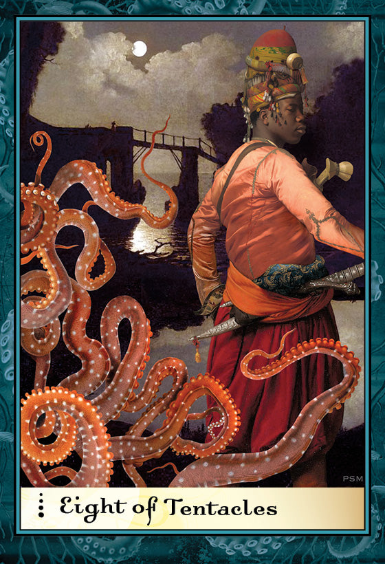 On Boadicea's Tarot of Earthly Delights by Schiffer Publishing, Ltd., a figure in vibrant attire wields a sword, surrounded by swirling orange octopus tentacles, with a moonlit bridge behind. The Eight of Tentacles card is inspired by fine art tarot and Rider-Waite-Smith style.