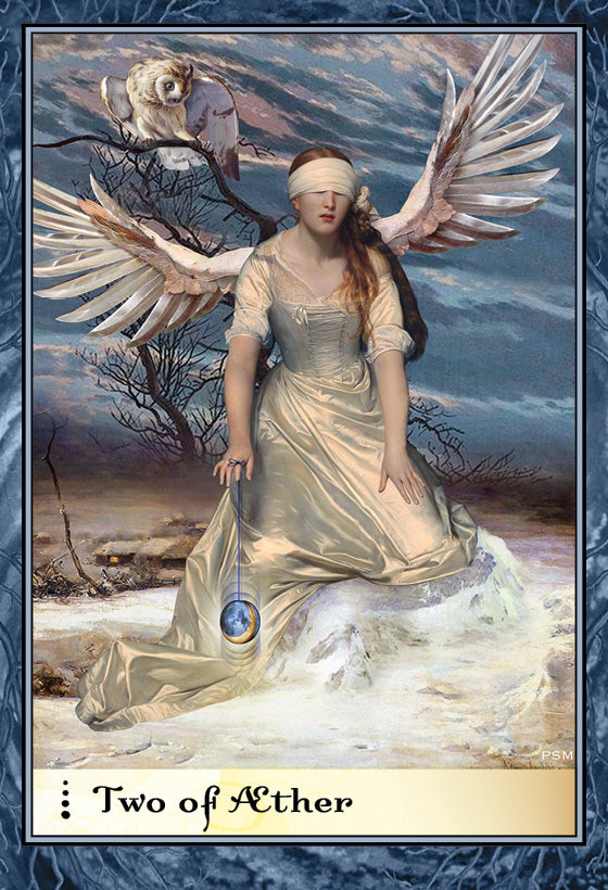 A winged, blindfolded woman holding a pendulum sits on snow as an owl flies above in "Two of Aether" from Boadicea's Tarot of Earthly Delights by Schiffer Publishing, Ltd., featuring a blue ornate Rider-Waite-Smith style frame.