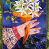 A hand in a decorative sleeve holds a large orange mushroom crowned with white lilies against a starry sky, inspired by Rider-Waite-Smith. The card, labeled "Ace of Fungi," is from Boadicea's Tarot of Earthly Delights by Schiffer Publishing, Ltd.
