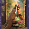 A platypus gazes into a golden mirror, seeing its reflection in a rainbow-lit garden. Framed in purple with "Boadicea's Tarot of Earthly Delights" by Schiffer Publishing, Ltd., it evokes the imaginative world of fine art tarot.