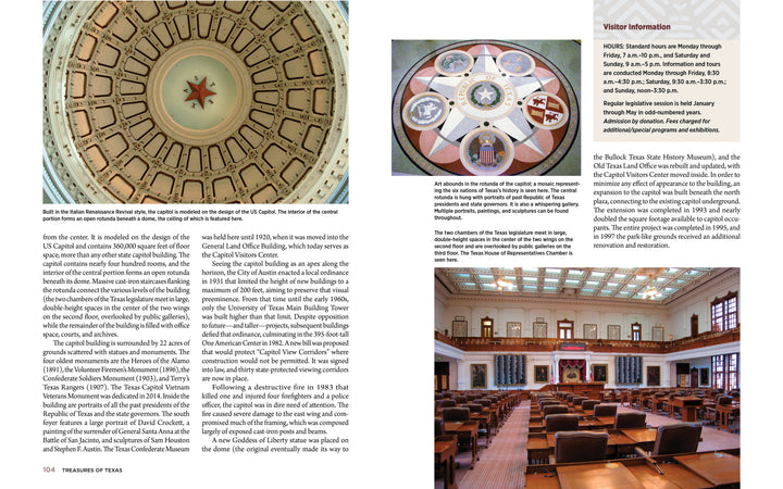 A page from "Treasures of Texas" by Schiffer Publishing, Ltd. features images of the Texas Capitol’s dome, floor mosaic, and House Chamber, with history and visitor tips—ideal for Texas travel guides or National Historic Landmark explorations.