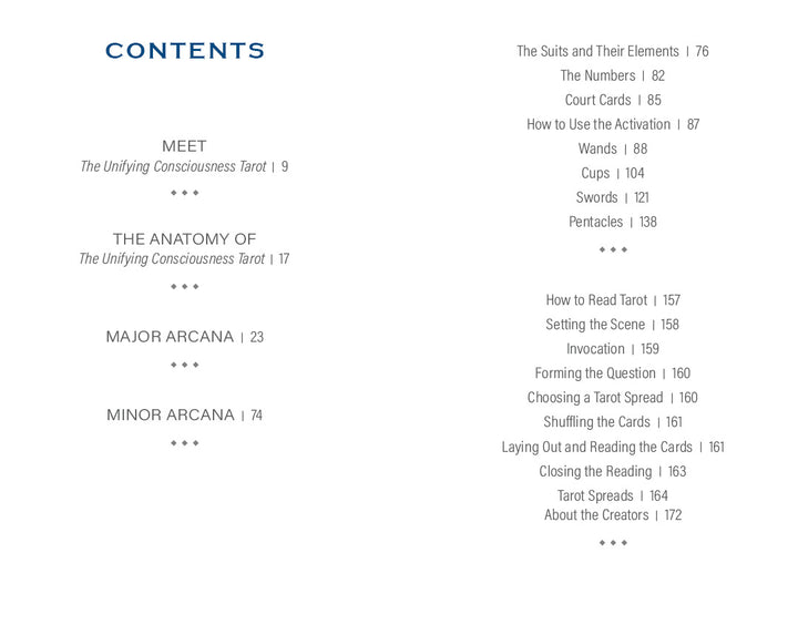 Table of contents for The Unifying Consciousness Tarot by Schiffer Publishing, Ltd. Includes Meet, Anatomy of Tarot, Major & Minor Arcana, suits, numbers, court cards, and reading methods inspired by Rider-Waite-Smith.