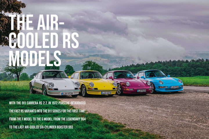 A lineup of vibrant Porsche RS cars, featured by Schiffer Publishing, Ltd., including a standout Renn Sport model, parked on a gravel road.