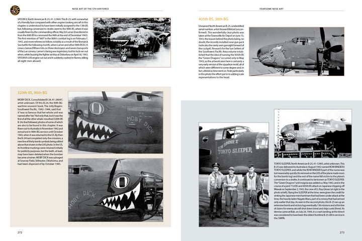 Two pages from *Nose Art of the 5th Air Force* by Schiffer Publishing, Ltd. feature black-and-white photos of WWII aircraft with shark mouth nose art and their Pacific theater crews, plus captions detailing each plane’s history.