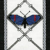The Butterfly Wisdom Tarot by Schiffer Publishing, Ltd. features an embroidered 8 of Swords card: a blue butterfly with red markings amid eight crossing swords on white, symbolizing transformative healing, bordered in gray and black.