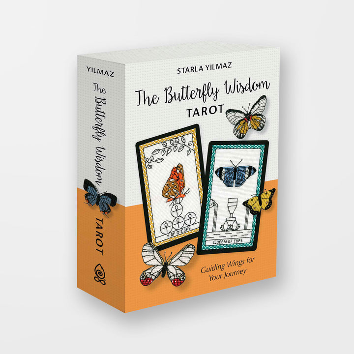 The Butterfly Wisdom Tarot by Schiffer Publishing, Ltd. is a book box featuring an illustrated tarot deck with butterfly and cup motifs, symbolizing transformation and healing amid vibrant butterflies on an orange and white background.