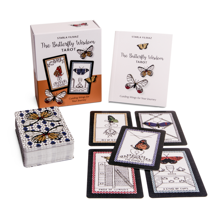 The Butterfly Wisdom Tarot by Schiffer Publishing, Ltd. is a tarot deck featuring a box, guidebook, and six butterfly-themed illustrated cards designed to inspire transformative healing.