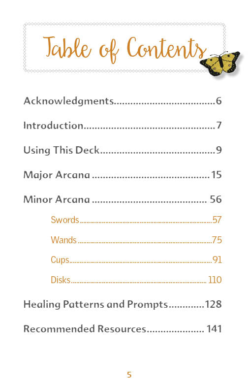 The Butterfly Wisdom Tarot by Schiffer Publishing, Ltd. features a Table of Contents page with an orange script header, yellow butterfly artwork, and chapter listings—like Acknowledgments, Introduction, and transformative healing with Butterfly Tarot.