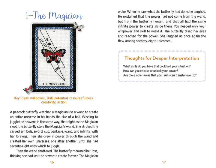Two pages from The Butterfly Wisdom Tarot by Schiffer Publishing, Ltd. feature “1—The Magician,” with a Rider-Waite-Smith-inspired stitched image, insights on willpower and creativity, and a boxed prompt for reflection and transformative healing.