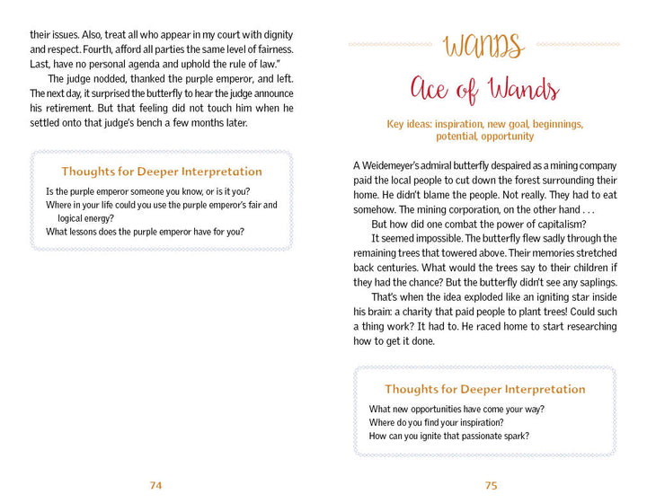 An open book from The Butterfly Wisdom Tarot by Schiffer Publishing, Ltd. shows the color purple’s meaning with a yellow-bordered “Thoughts for Deeper Interpretation” box on the left, and the Ace of Wands card with healing insights on the right.