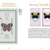 Two pages from "The Butterfly Wisdom Tarot" by Schiffer Publishing, Ltd.: the left displays a detailed, advanced butterfly cross-stitch pattern titled "Finding Balance," while the right showcases two finished Butterfly Tarot heart designs with descriptions.