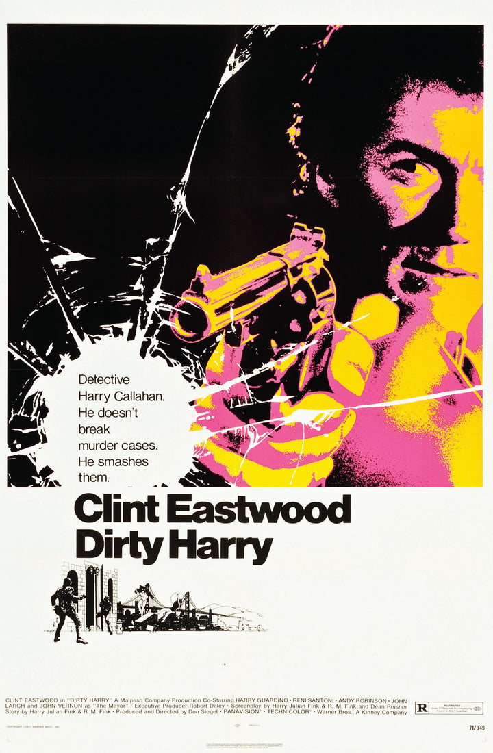 A stylized poster for The Art of Classic Crime and Mystery Movies by Schiffer Publishing, Ltd. features a detective aiming a revolver in bold pink and yellow, with the text: “Detective Harry Callahan. He smashes murder cases.”.