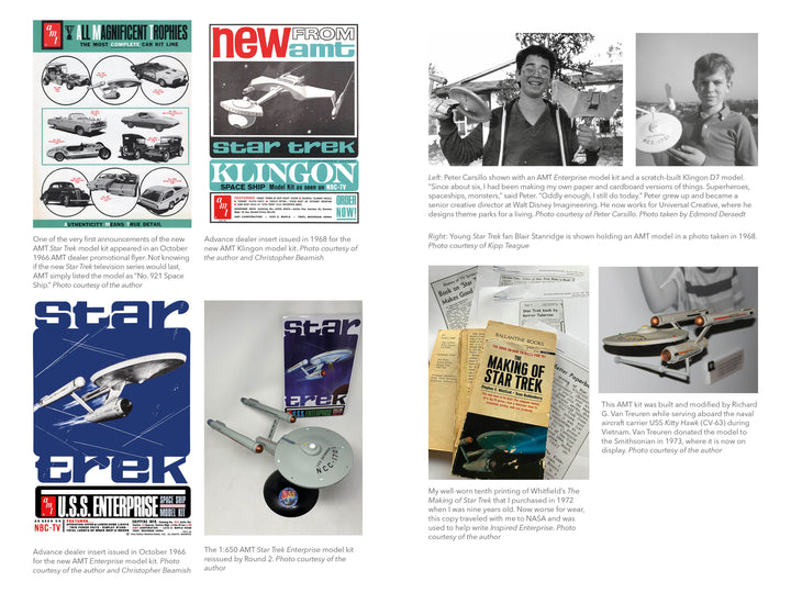 A collage from "Inspired Enterprise" by Schiffer Publishing, Ltd. showcases vintage Star Trek model ads, magazines, assembled kits, instruction booklets, and fans with memorabilia—highlighting Star Trek’s impact on aerospace.