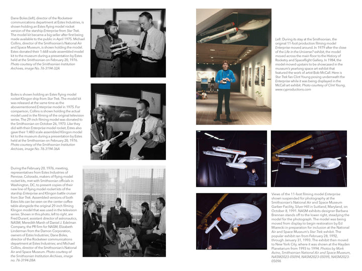 A collage of black-and-white and color photos from "Inspired Enterprise" by Schiffer Publishing, Ltd. shows people with the USS Enterprise model and museum displays, highlighting its impact on NASA and aerospace history with detailed captions.