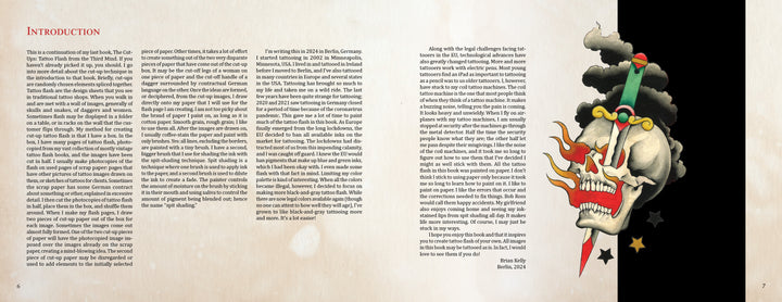 A two-page spread from Schiffer Publishing, Ltd.'s The Cut-Ups 2 features an INTRODUCTION with text at left and center, while the right side showcases a bold tattoo-style illustration of a flaming horned skull with black smoke and three stars on a light background.