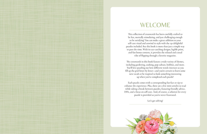 A welcome page features a green textured left background and a white box on the right with a message about your new MindfulMoments Crosswords book by Schiffer Publishing, Ltd. Colorful flowers at the bottom right add cheer to your puzzle journey.