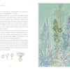 An illustrated page from *Atlas of Elementary Botany* by Jean-Jacques Rousseau (Schiffer Publishing, Ltd.) shows pastel botanical drawings of grasses and flowers, detailed sketches, and text inspired by Rousseau’s letters.