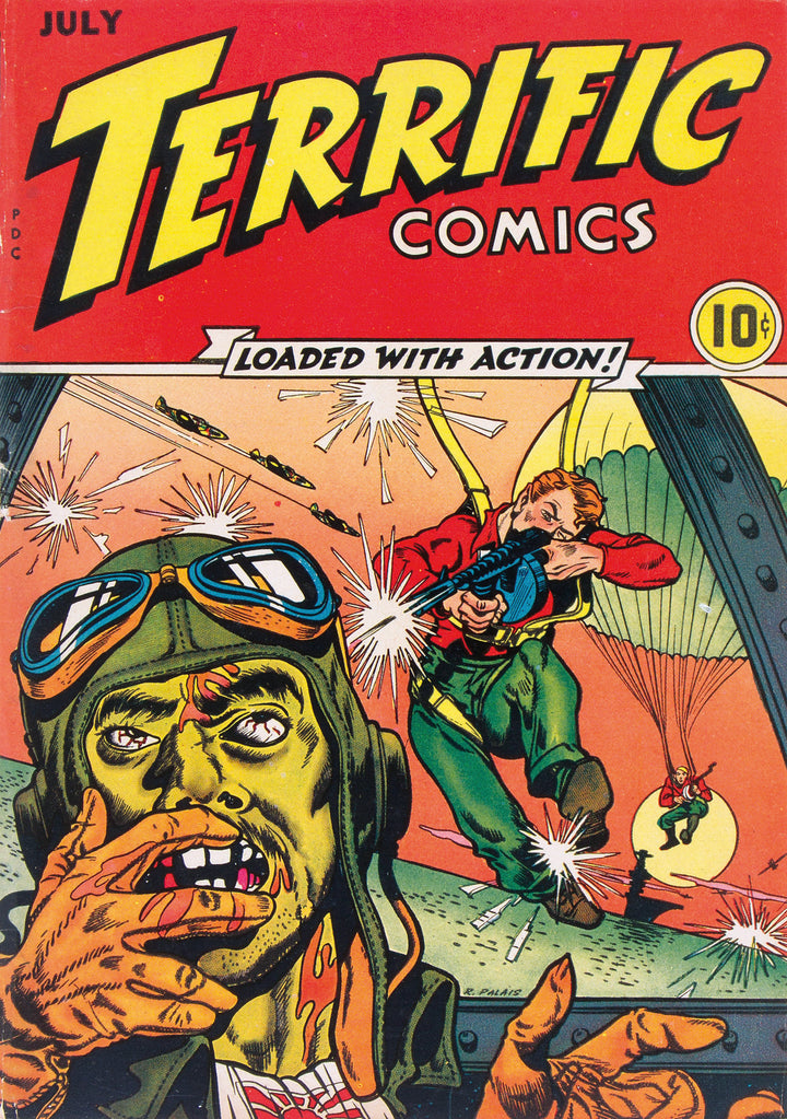 The cover of Schiffer Publishing, Ltd.'s "Comic Book Apocalypse!" depicts a vintage pre-Code scene: a startled pilot in goggles watches as a man parachutes from a burning plane, with explosions and action lines heightening the chaos before comic book censorship.