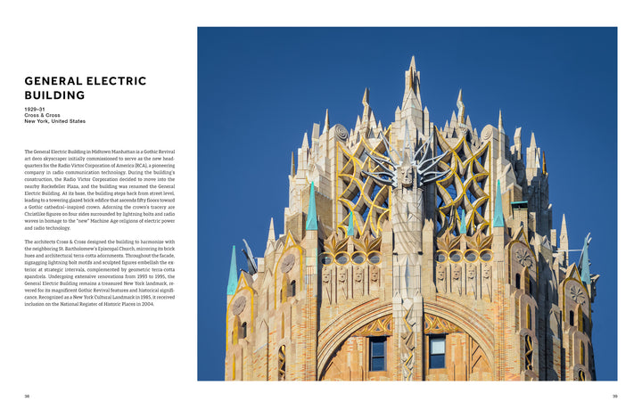 Architreasures by Schiffer Publishing, Ltd. captures a close-up of the ornate Art Deco crown of the General Electric Building in NYC, showcasing intricate stonework, gold detail, and a silver lightning bolt sculpture against a blue sky.