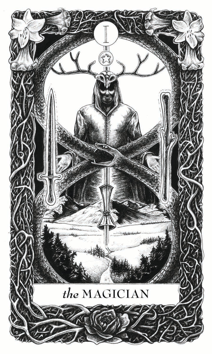The Magician card from Lieselle's Eternal Tarot (Schiffer Publishing, Ltd.) features a horned figure in robes, ornate vine borders, and floating symbols: sword, wand, cup, and pentacle above a black and white nature scene.
