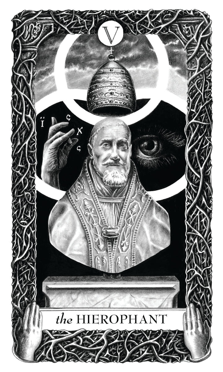 A black and white illustration of The Hierophant from Lieselle's Eternal Tarot by Schiffer Publishing, Ltd. features a robed, bearded figure beneath a papal crown, framed by twisted vines and an eye, with the Roman numeral V at the top.