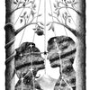 Black and white tarot card illustration from Lieselle's Eternal Tarot by Schiffer Publishing, Ltd., titled The Lovers, depicts two star-filled silhouetted faces gazing at each other beneath trees, an apple, and a winged angelic figure.