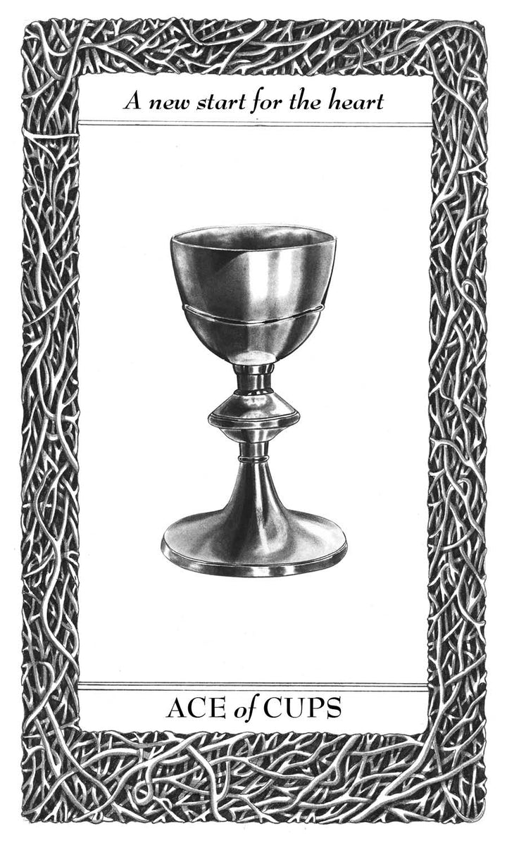 A silver chalice is centered on white, framed by a vine-like border. Above: “A new start for the heart.” Below: “ACE of CUPS.” From Lieselle's Eternal Tarot by Schiffer Publishing, Ltd.