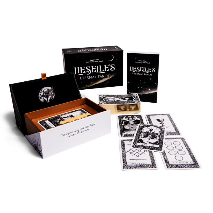 Lieselle's Eternal Tarot by Schiffer Publishing, Ltd.—an open box, guidebook, and illustrated cards spread on white—perfect for your journey of self-discovery.