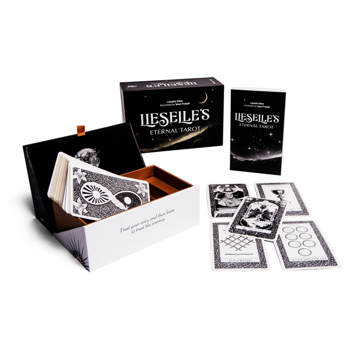 Discover Lieselle's Eternal Tarot by Schiffer Publishing, Ltd.—a set with a decorative box, intricately designed black-and-white cards, a guidebook, and spread cards—ideal for self-discovery and spiritual growth.