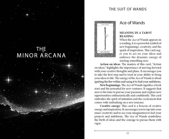 An open book from Lieselle's Eternal Tarot by Schiffer Publishing, Ltd. reveals the Ace of Wands card—illustrated with a single wand—and Lieselle Elliot's insights on action, new beginnings, and creative energy in tarot.