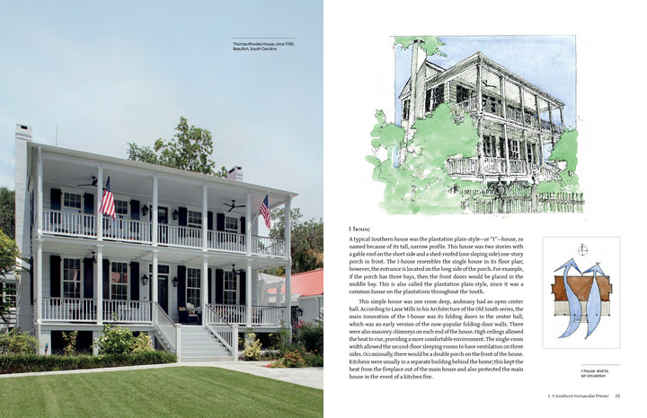 On the left is a two-story white house, while the right features an ink and watercolor sketch plus a floor plan diagram—all from Schiffer Publishing, Ltd.'s "Contemporary Southern Vernacular.