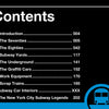 Table of contents for "New York Subways and Stations, 1970–1990" by Schiffer Publishing, Ltd., featuring colored numbered circles for each chapter on NYC subway history—like the seventies, graffiti cars, and legends—on black with a blue subway icon.