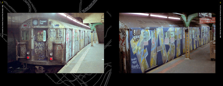 Two New York subway trains with vibrant graffiti are halted at underground stations, as seen in "New York Subways and Stations, 1970–1990" from Schiffer Publishing, Ltd.; one train faces forward, the other is shown side-on beneath green pillars.