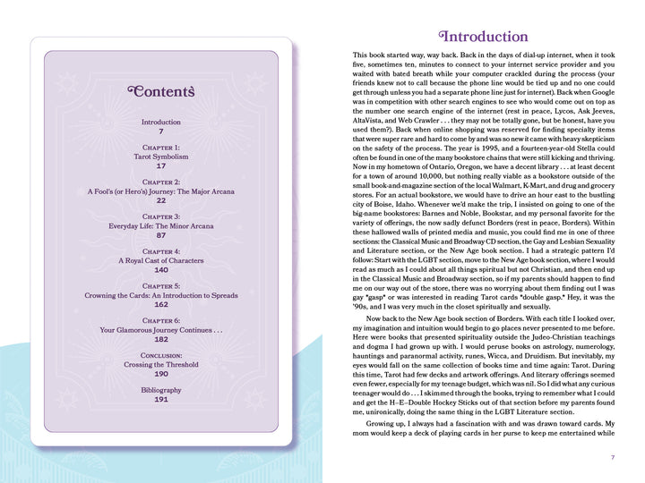 A two-page spread from Read Like a Queen by Schiffer Publishing, Ltd.: the left page shows a decorative contents with chapters on Tarot practice and card meanings; the right displays an Introduction in serif font with a blue patterned bottom border.