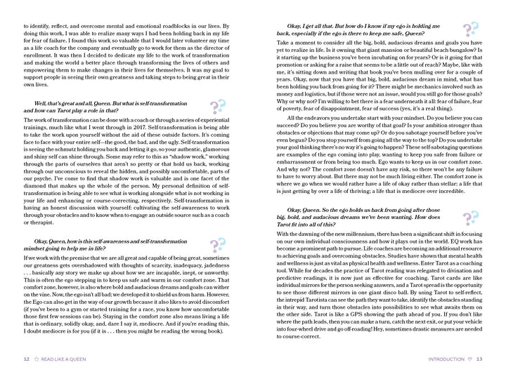 A two-page spread from "Read Like a Queen" by Schiffer Publishing, Ltd. shows columned text with teal and pink question mark icons. The pages, titled "READ LIKE A QUEEN" and "INTRODUCTION," share Tarot card meaning insights.