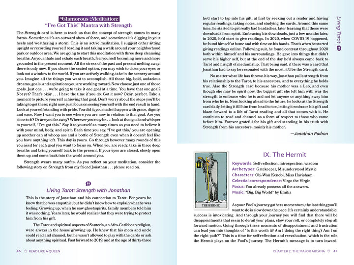 In Read Like a Queen by Schiffer Publishing, Ltd., a tarot spread explores Strength and the Hermit. The left page offers a Strength meditation, personal story, and advice; the right features an illustrated Hermit card for deeper practice.