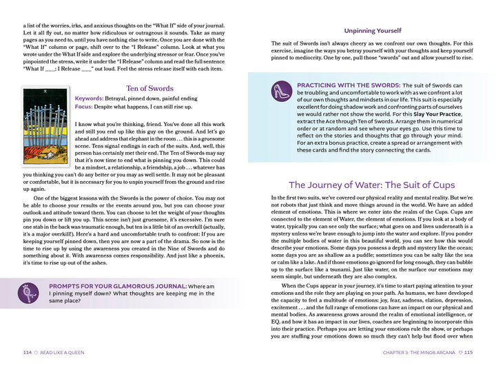 A page from "Read Like a Queen" by Schiffer Publishing, Ltd. features the Ten of Swords, Tarot card meanings, and purple and blue text boxes with journal prompts, tips, and info on the Sword and Cup suits.