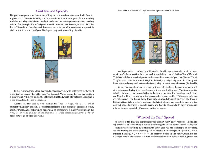 A book spread from "Read Like a Queen" by Schiffer Publishing, Ltd. features Tarot card meanings with three cards on the left and a detailed Six of Cups spread with notes on the right to enrich your Tarot practice.