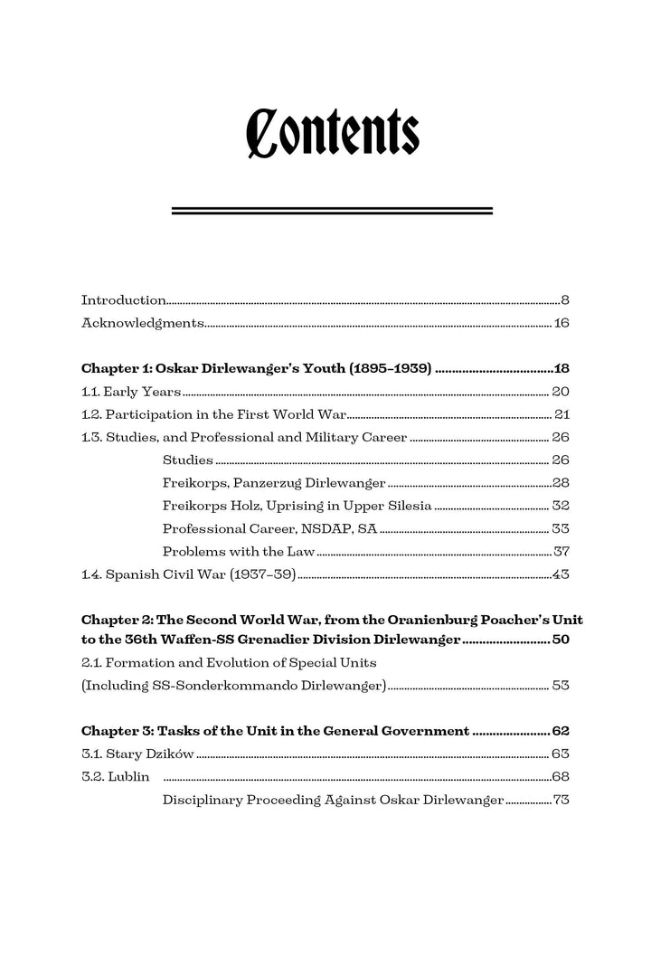 Table of contents page for "Oskar Dirlewanger" by Schiffer Publishing, Ltd., listing chapters on his life, Waffen-SS career, WWII involvement, and role as a Nazi war criminal, with detailed topics and page numbers.